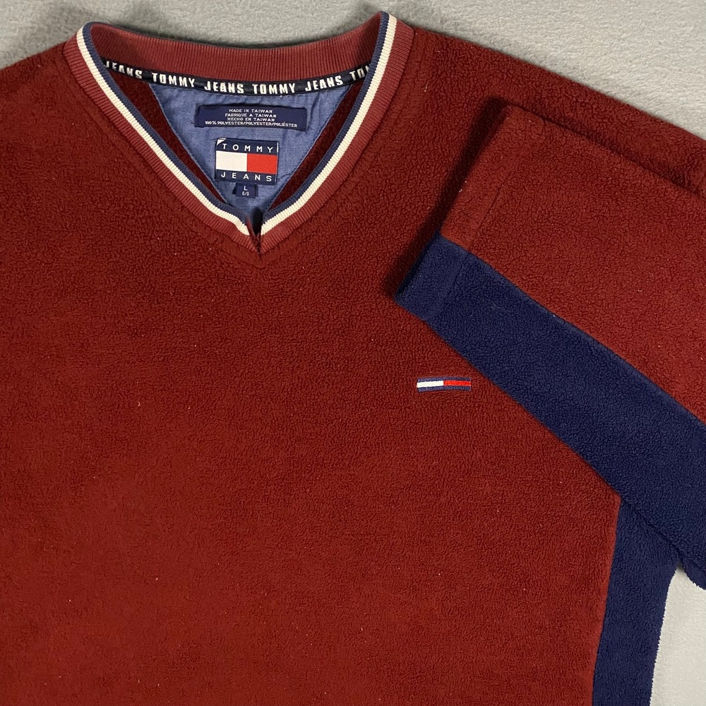 Vintage‎ Tommy Jeans Fleece Pullover V-Neck Maroon Navy Blue Men Large 90s Flag